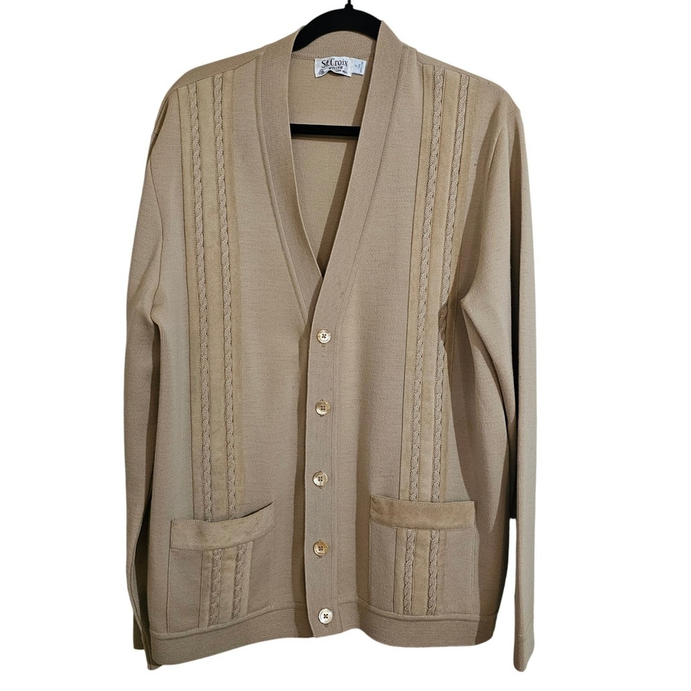 Vintage St. Croix Knits Mens XL Tan Zephyr Wool Suede Cardigan Sweater USA 80's